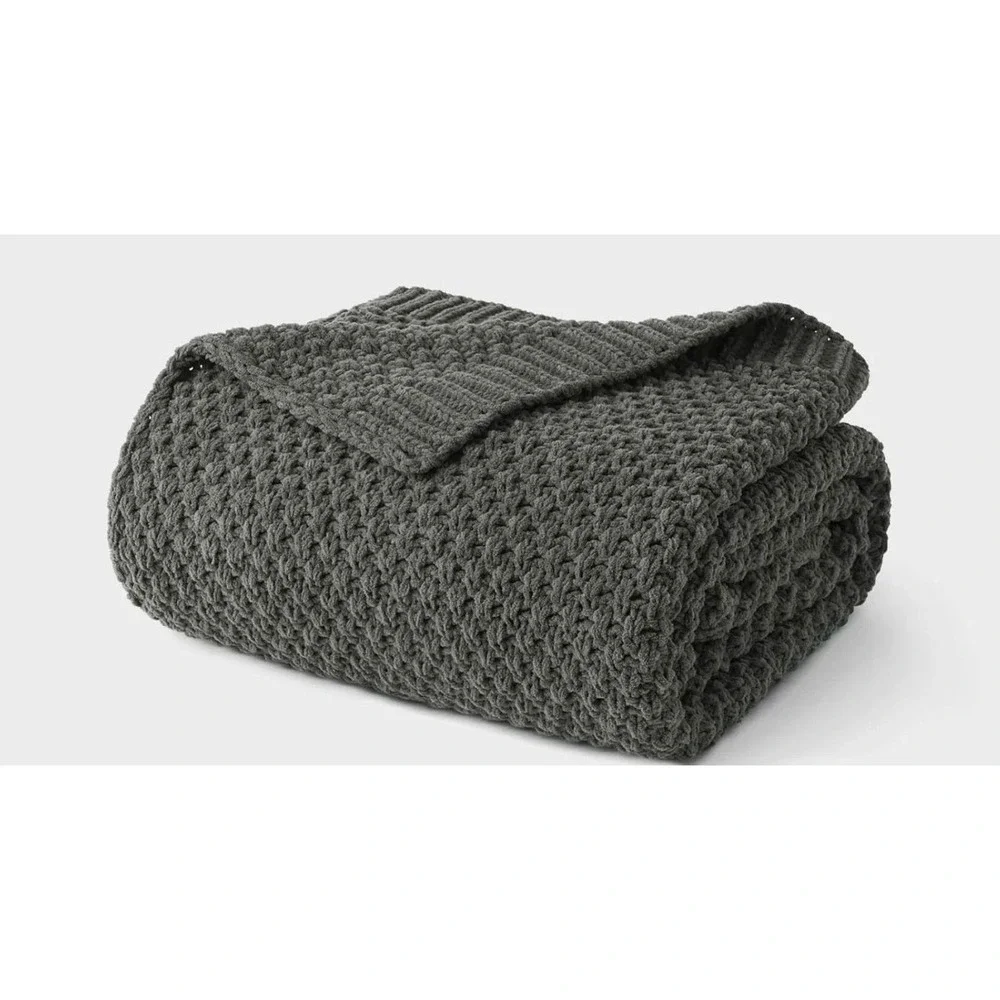 Evergrace Chenille Moss Stitch Throw Blanket Charcoal Grey 50x60 Chunky Knit NEW